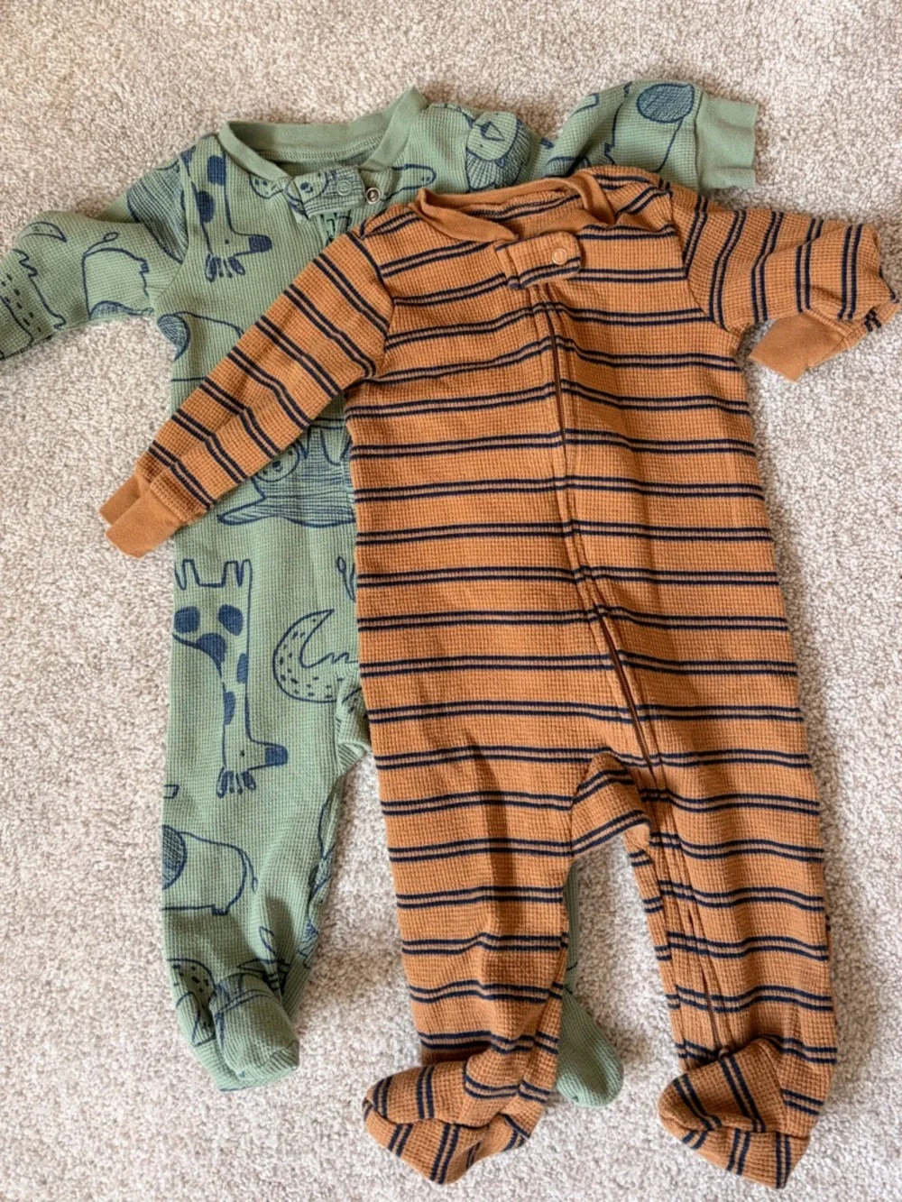 Carter’s Footed One-Piece Pajamas - Olive Green Animal & Brown Stripe - Picture 1 of 7